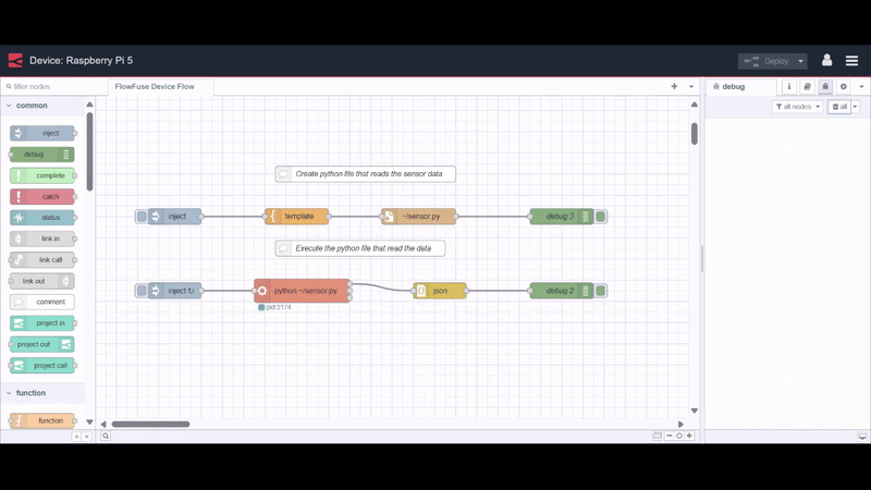 Image showing the Node-RED flow executing the python script that reads the sensor data "Image showing the Node-RED flow executing the python script that reads the sensor data"
