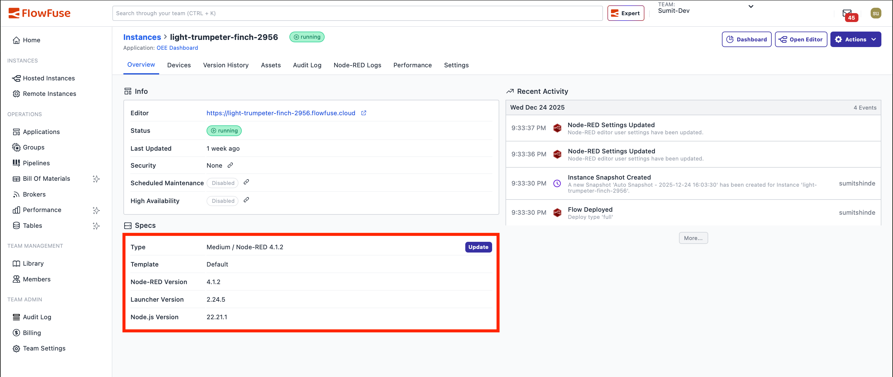 FlowFuse Node-RED instance update interface